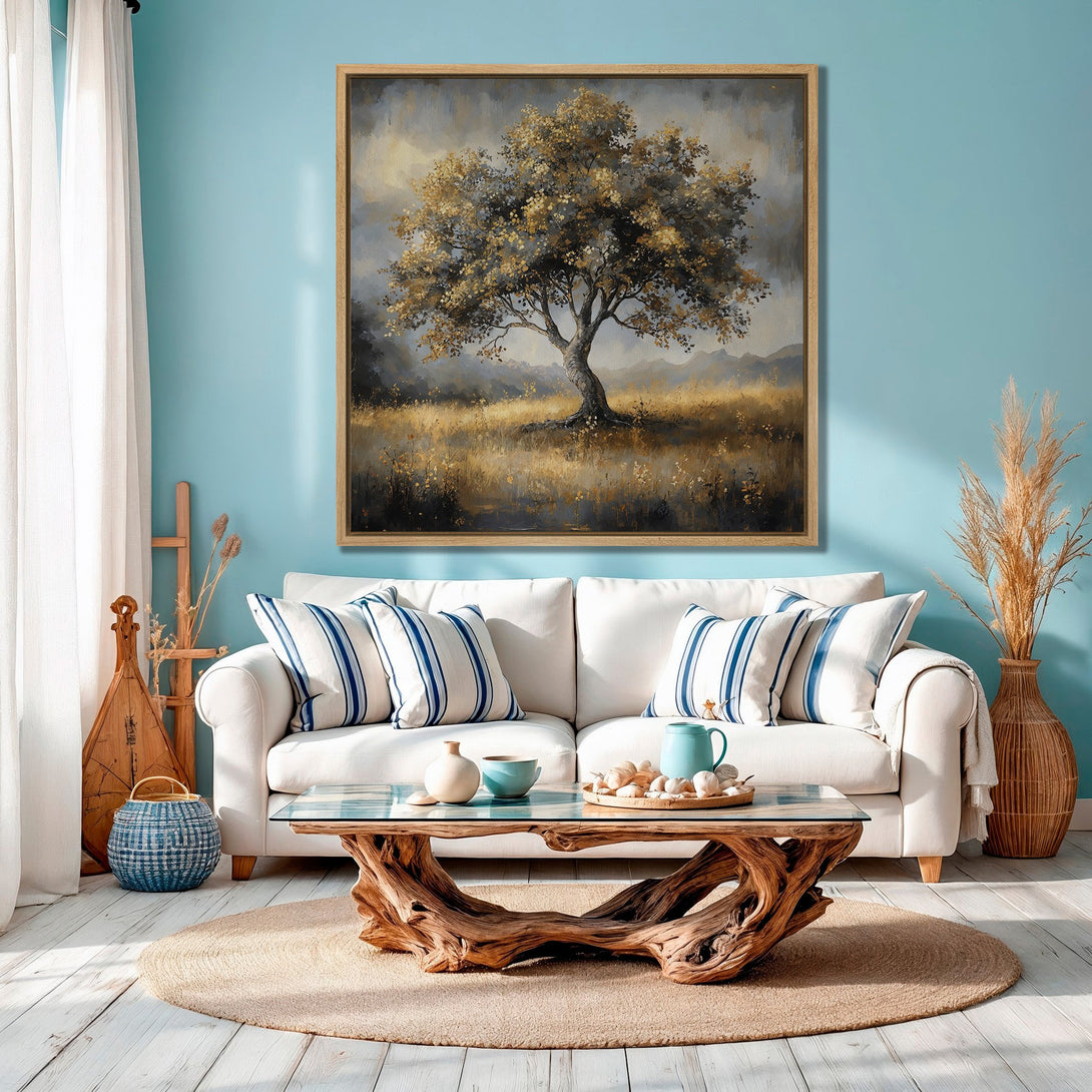 Framed Wall Art featuring a serene tree landscape in muted gold and gray tones. Adds a touch of nature and tranquility to any room.