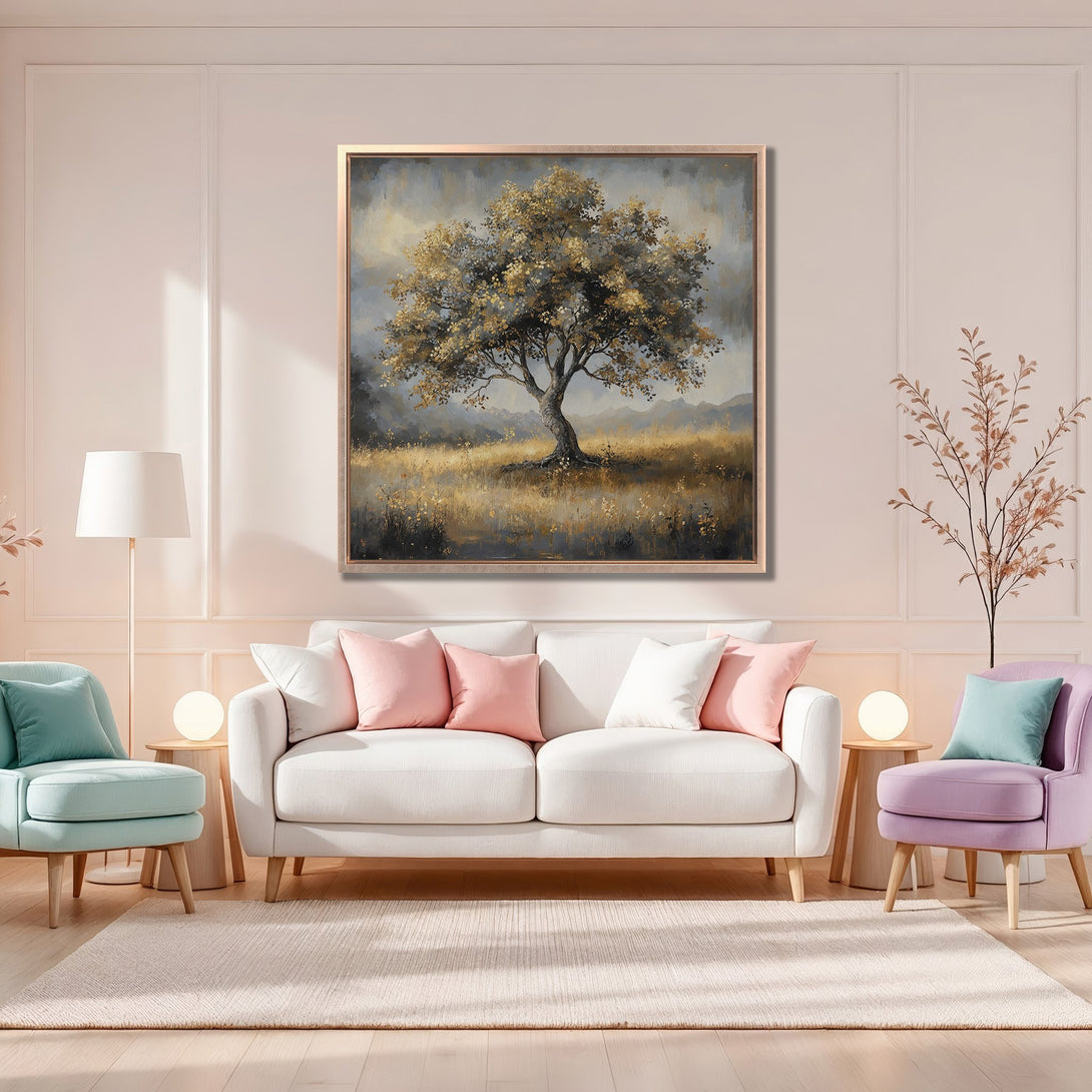 Framed Wall Art featuring a serene tree landscape in a soft, neutral color palette. Perfect for adding a touch of nature and elegance to your home.