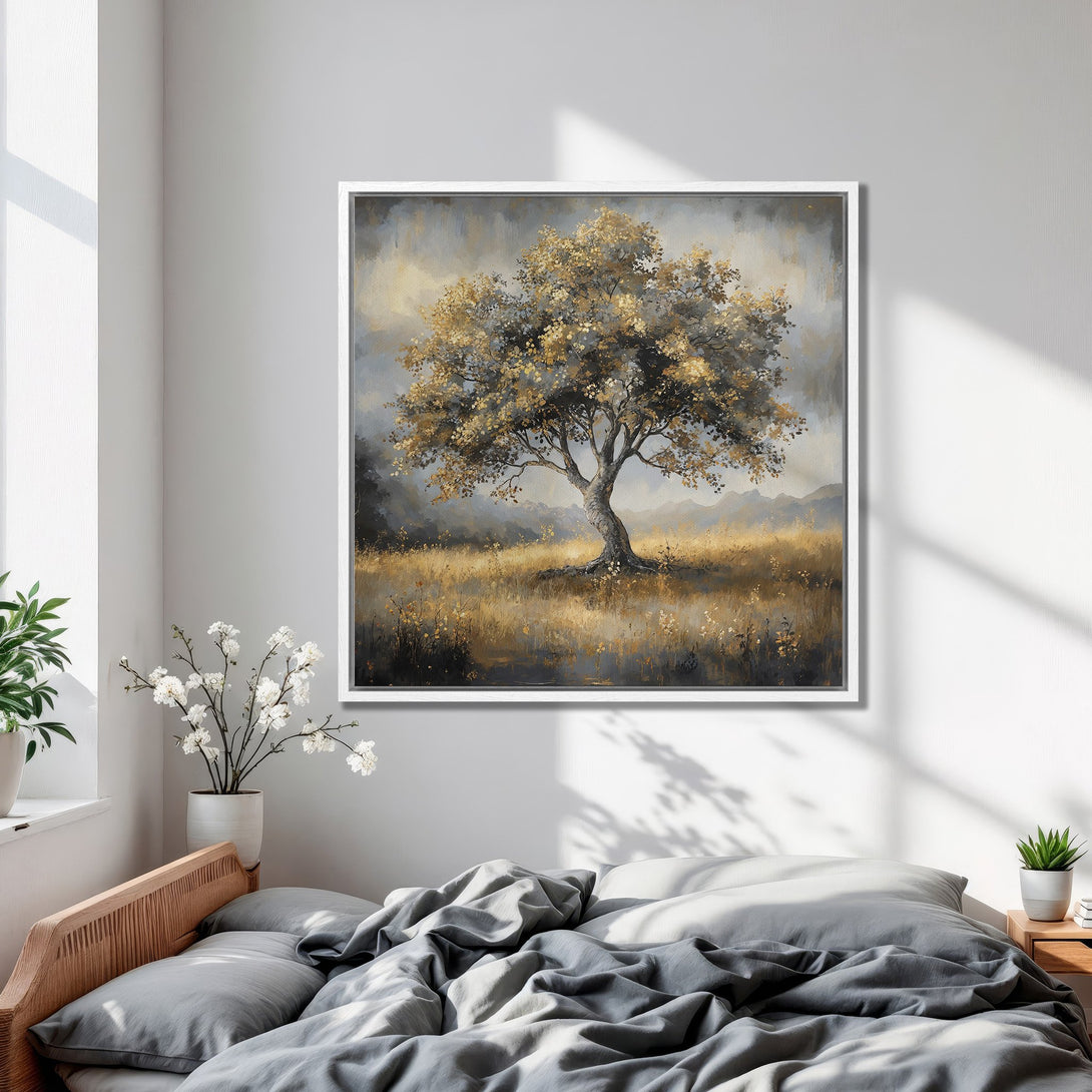 Framed Wall Art featuring a serene tree landscape in muted gold and gray tones, perfect for adding a touch of nature to your bedroom decor.