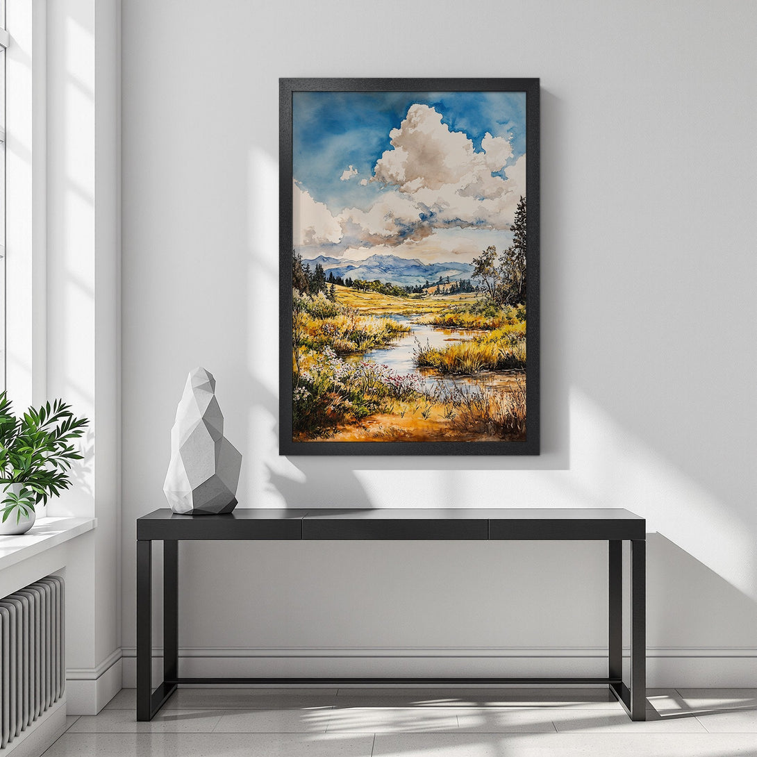 Framed Poster of a watercolor landscape with blue sky, mountains, and golden fields. Perfect art print for your home, featuring a warm color palette.