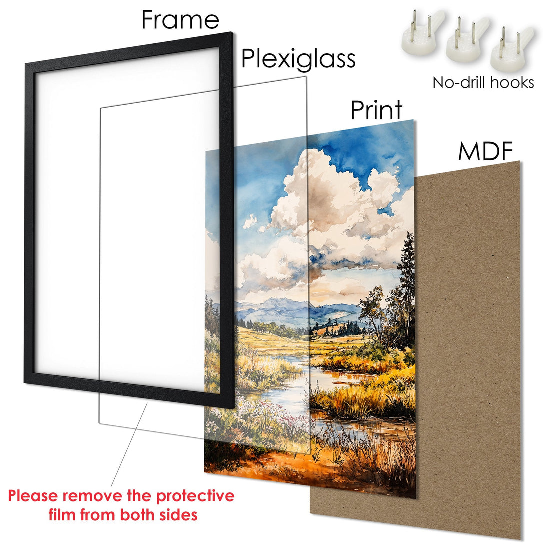 Framed Poster: Watercolor landscape art print with blue, yellow, and brown tones. Ready to hang wall decor.