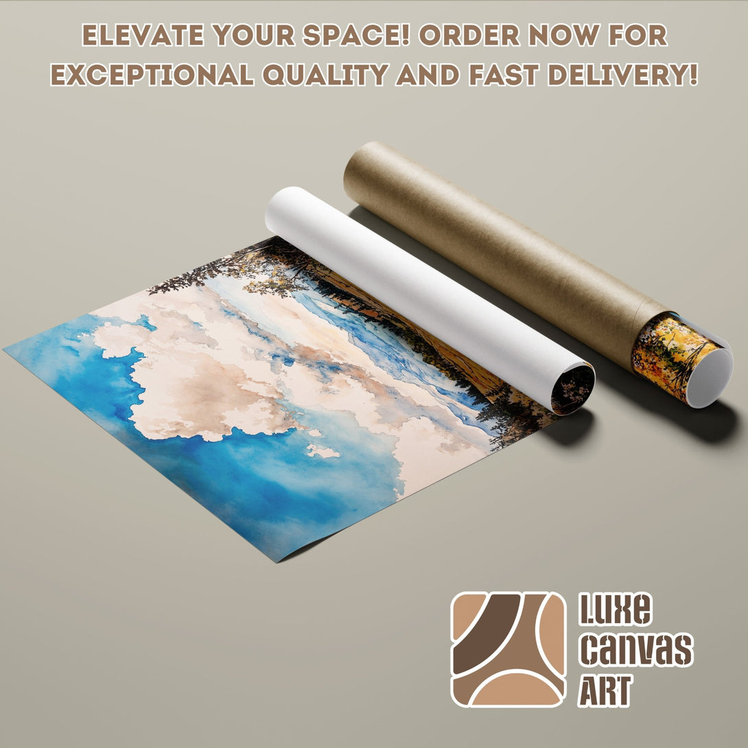 Poster Roll of abstract landscape art in blue, beige, and brown tones. Elevate your space with Luxe Canvas Art!