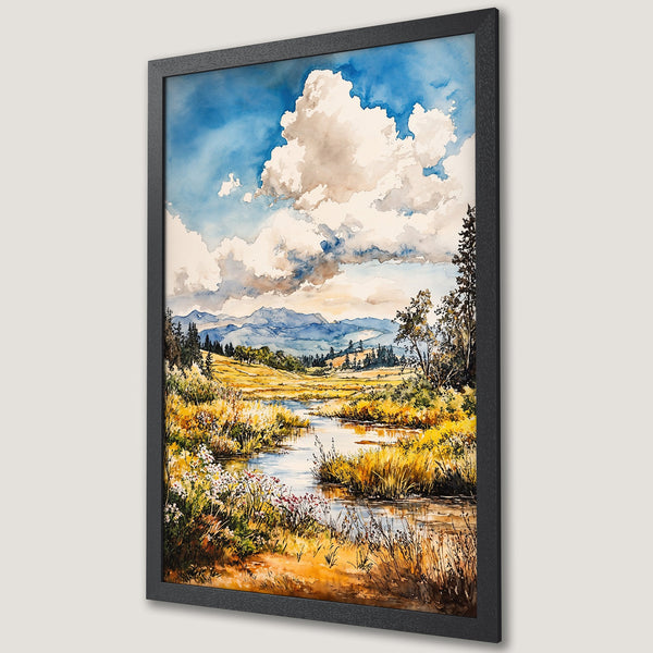Framed Poster of a watercolor landscape with a river, mountains, and sky. Earthy tones and blue palette. Perfect wall art.