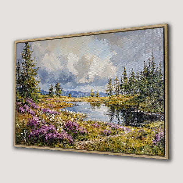 Framed Wall Art: Landscape Canvas Print with a serene lake scene, featuring wildflowers and trees in a vibrant, impressionistic style, with a natural color palette.