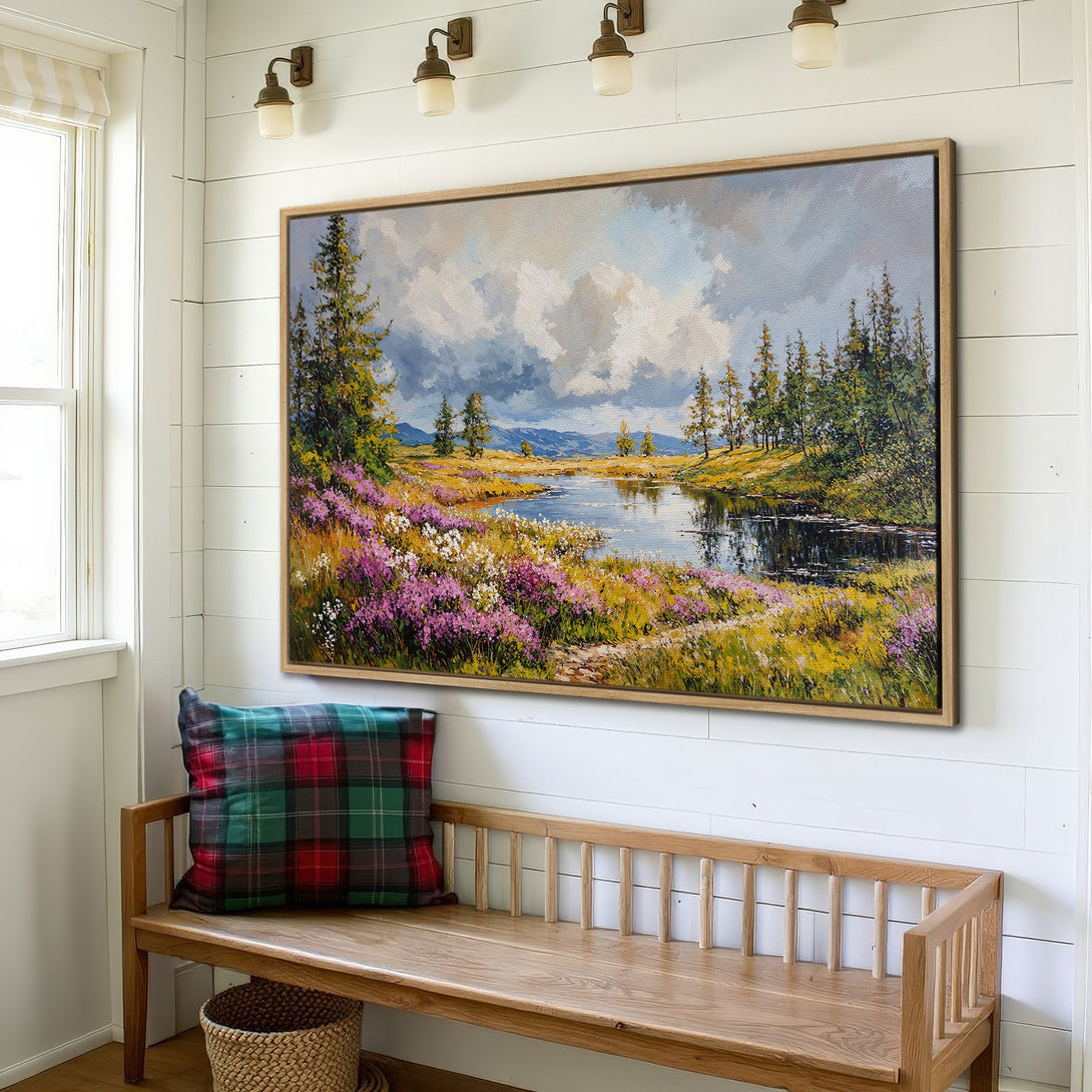 Framed Wall Art: Landscape Canvas Print with vibrant colors. Nature scene with lake, trees, and flowers. Adds a touch of serenity to any room.