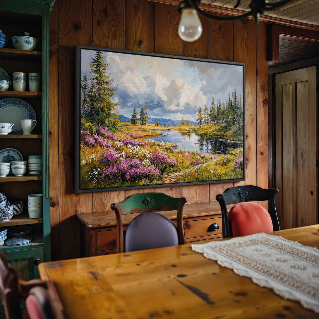 Framed Wall Art: Landscape Canvas Print with vibrant wildflowers & lake. Rustic style, warm color palette. Perfect for home decor.