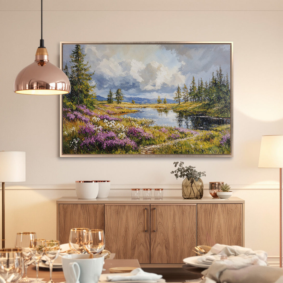 Framed Wall Art: Landscape painting of a serene lake scene with purple flowers, green trees, and a soft, natural color palette. Perfect for home decor.