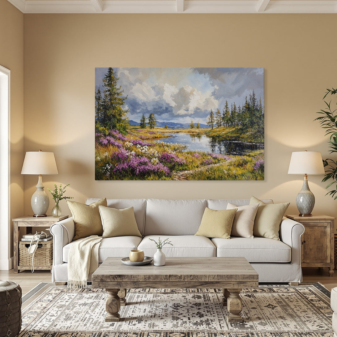 Framed Wall Art: Landscape Canvas Print with vibrant colors. Features a serene lake scene with lush greenery and purple wildflowers. Perfect for any room!