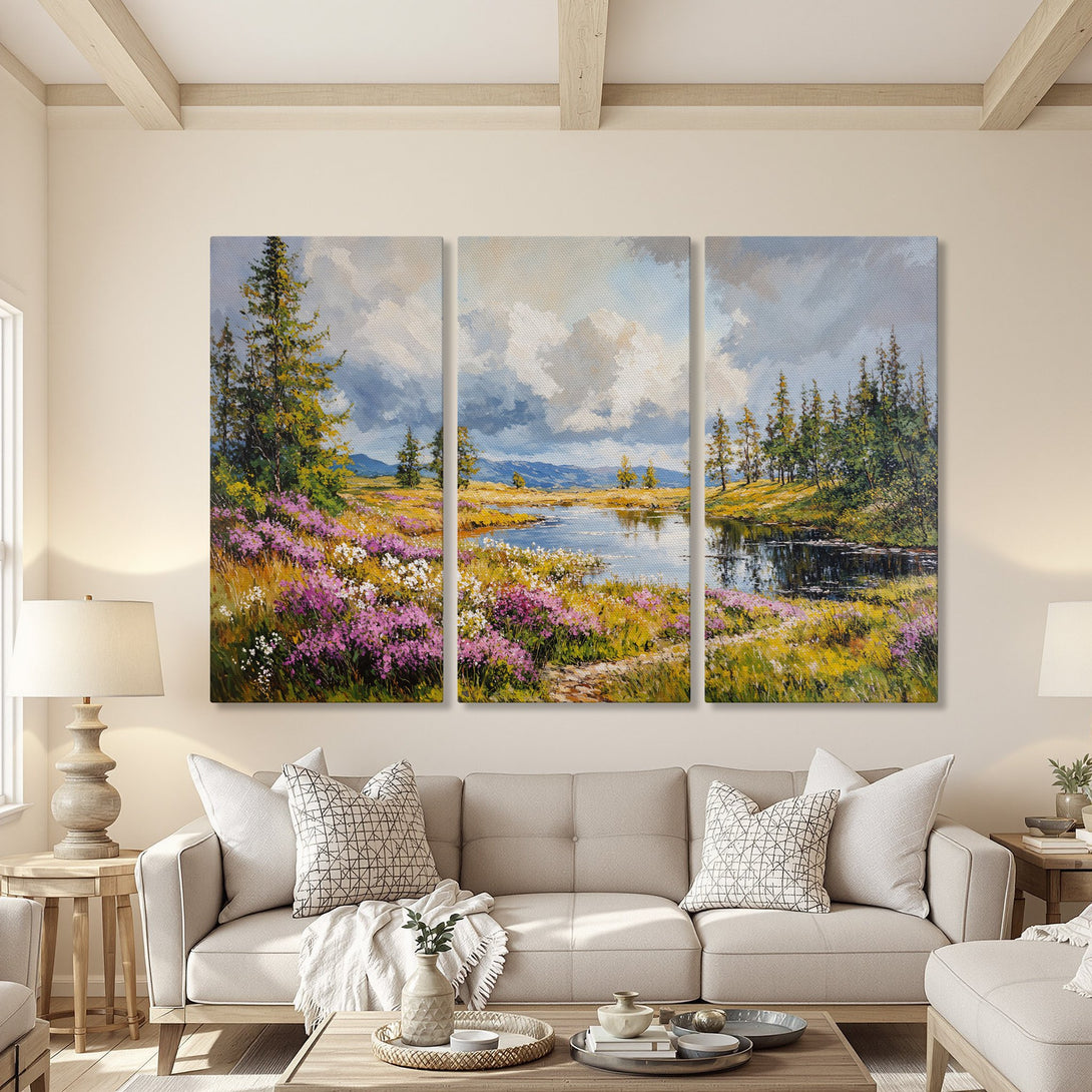 Canvas Print of a serene landscape painting in a living room. Features a lake, flowers, and trees with a vibrant, natural color palette.