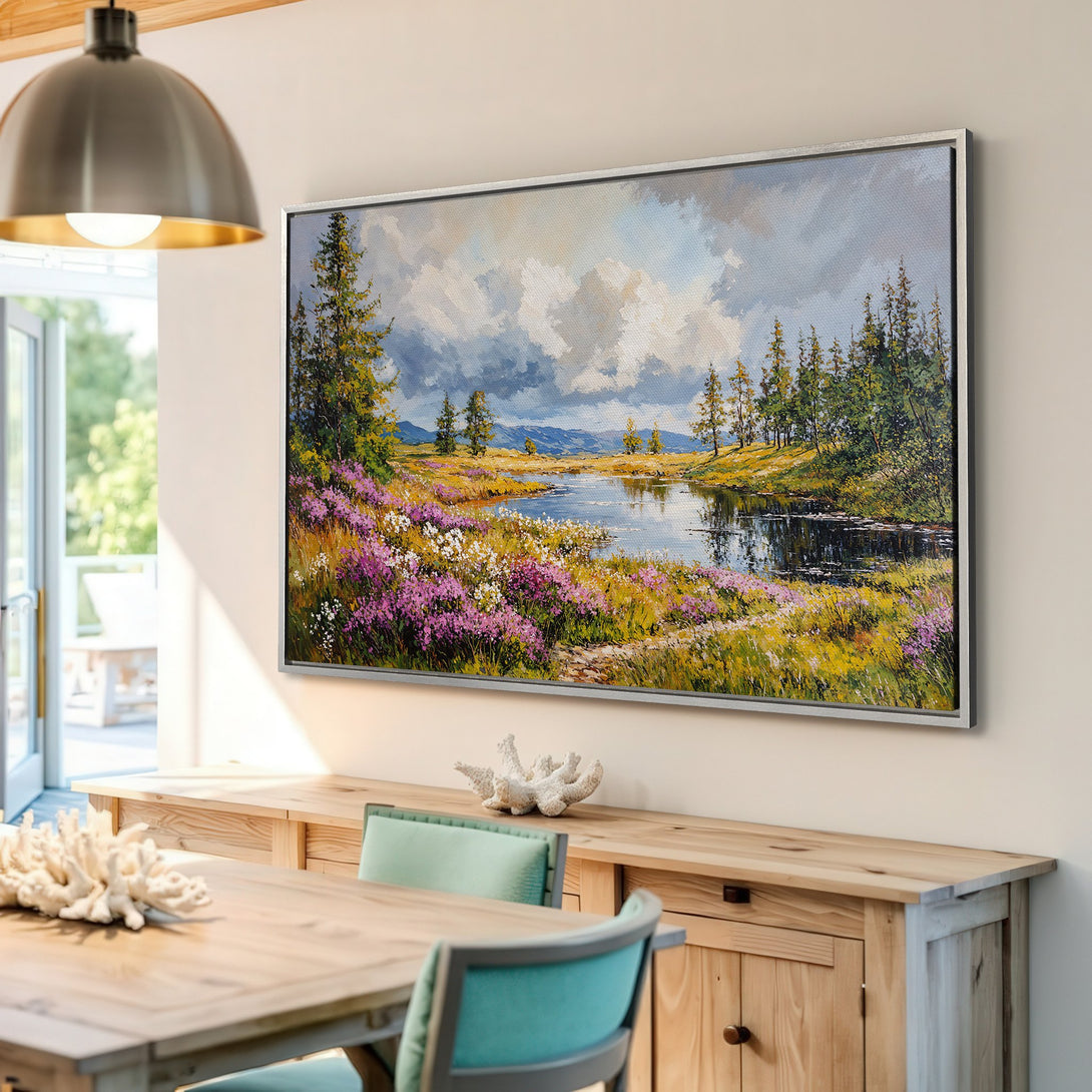 Framed Wall Art: Landscape painting of a serene lake with wildflowers, trees, and a cloudy sky. Features a vibrant, natural color palette. Perfect for home decor.