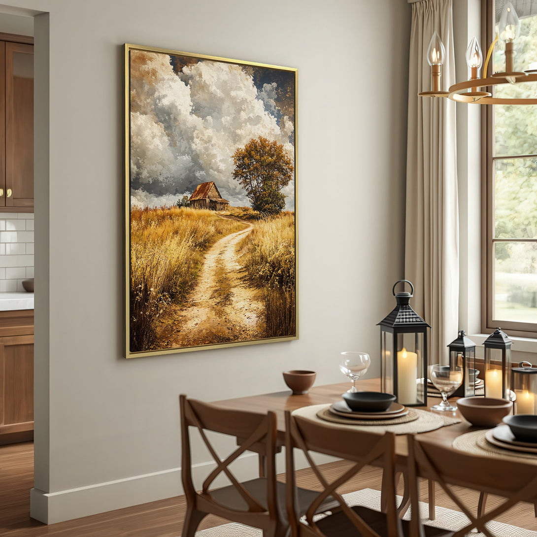 Canvas Print: Rustic landscape art with a barn, path, and golden fields. Earthy tones create a warm, inviting atmosphere for your home decor.