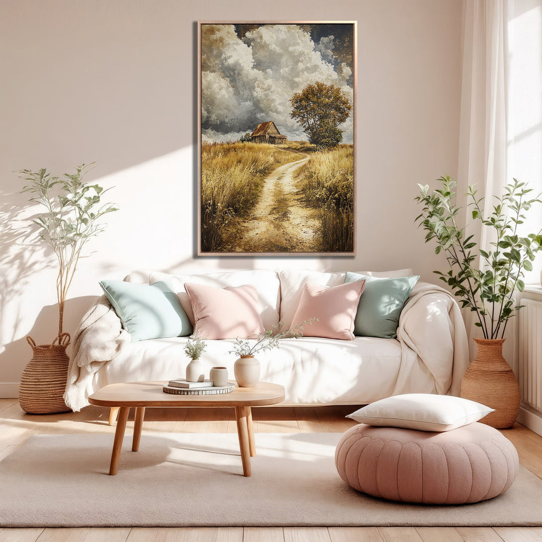 Framed Wall Art featuring a rustic landscape painting. Warm, neutral color palette with a farmhouse style. Perfect for adding a touch of nature to your home.