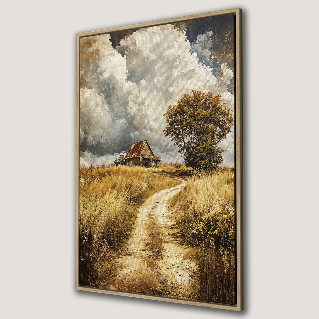 Framed Wall Art: Rustic landscape Canvas Print featuring a barn, dirt road, and tree. Warm, earthy tones create a serene, vintage aesthetic for your home.