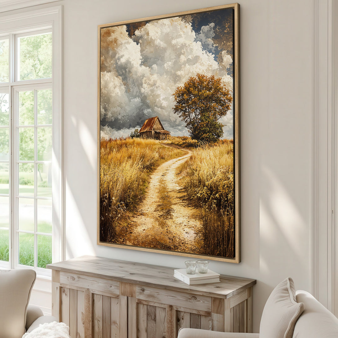 Framed Wall Art featuring a rustic landscape with a barn and path, in warm gold and brown tones. Perfect for adding a cozy, farmhouse feel.