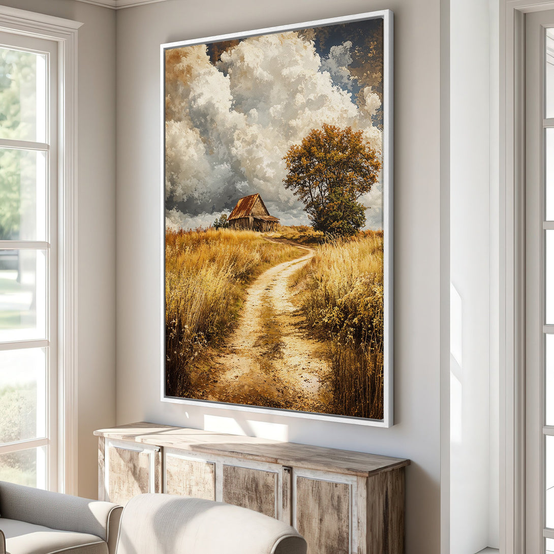 Framed Wall Art: Rustic landscape Canvas Print with a warm, earthy color palette. Featuring a barn, path, and tree, perfect for adding a cozy touch.