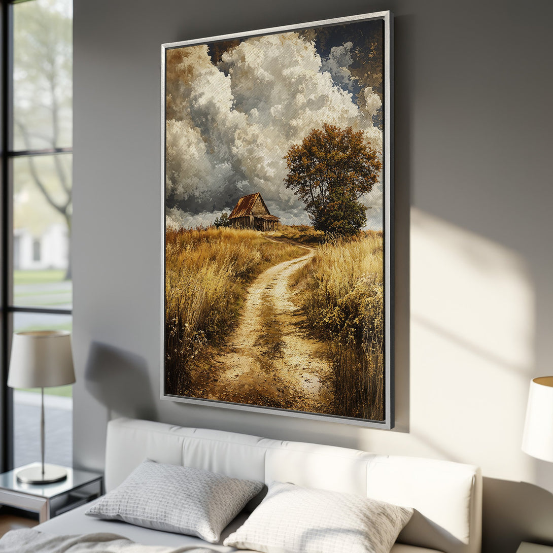 Framed Wall Art: Rustic landscape Canvas Print with a farmhouse, warm earth tones, and dramatic sky. Perfect for adding a touch of nature to your home decor.