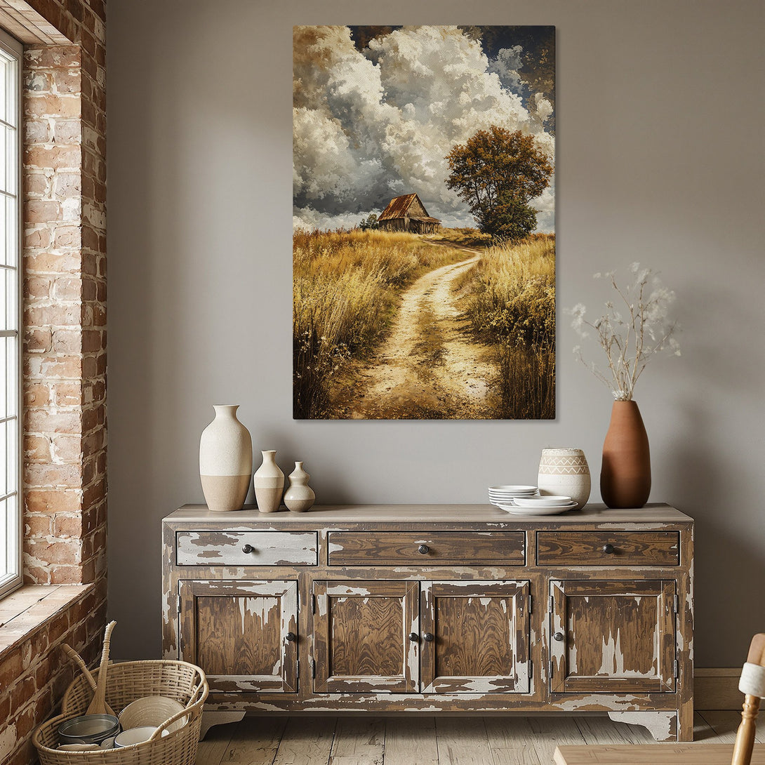 Framed Wall Art: Rustic landscape Canvas Print with warm, earthy tones. Perfect for adding a touch of nature-inspired art to your dining room decor.