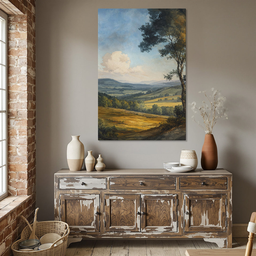 Framed Wall Art: Landscape Canvas Print with a classic, painterly style. Features a serene countryside scene in warm, earthy tones, perfect for any home.