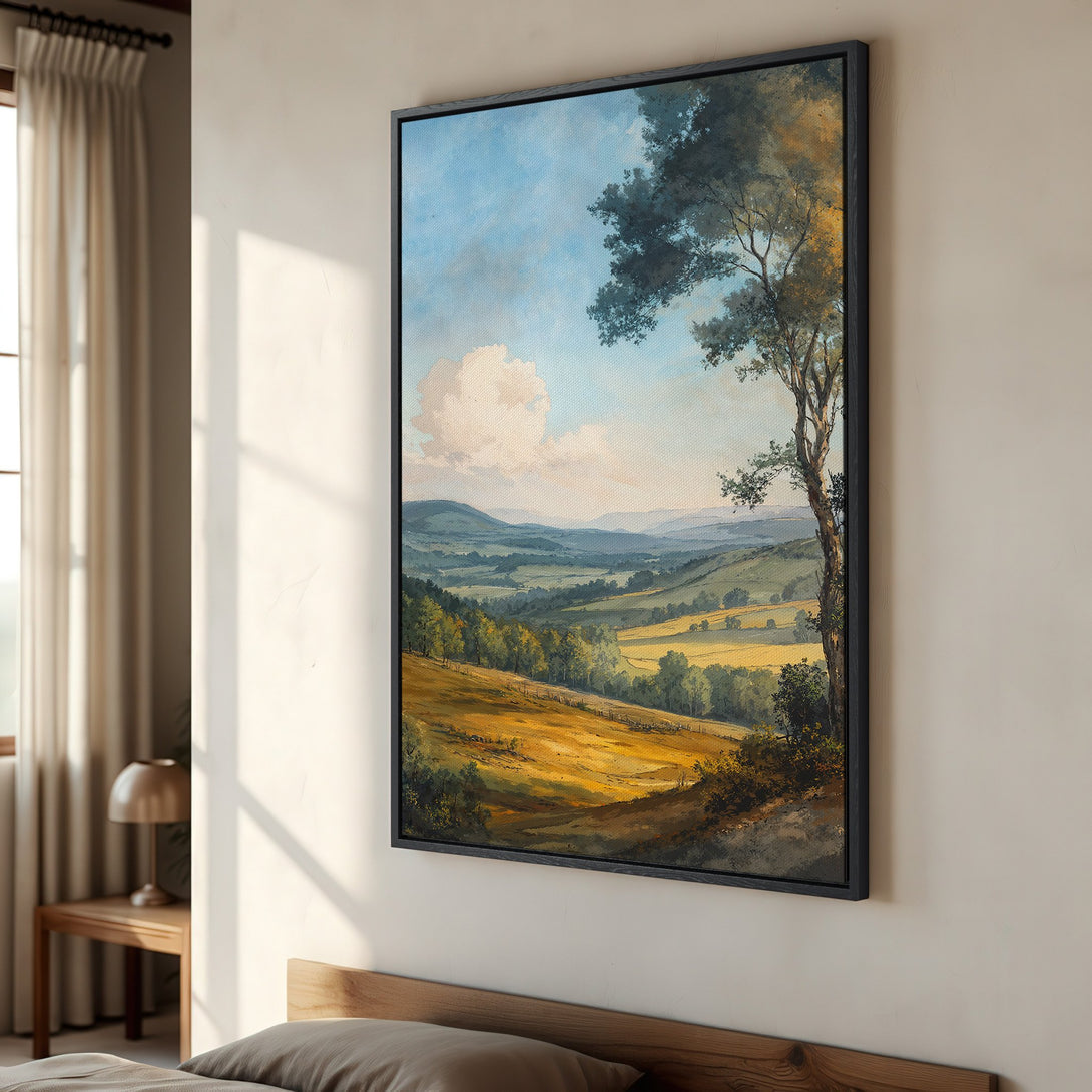 Framed Wall Art: Landscape painting with warm yellow, green, and blue hues. Classic style Canvas Print of a serene countryside scene, perfect for any home.