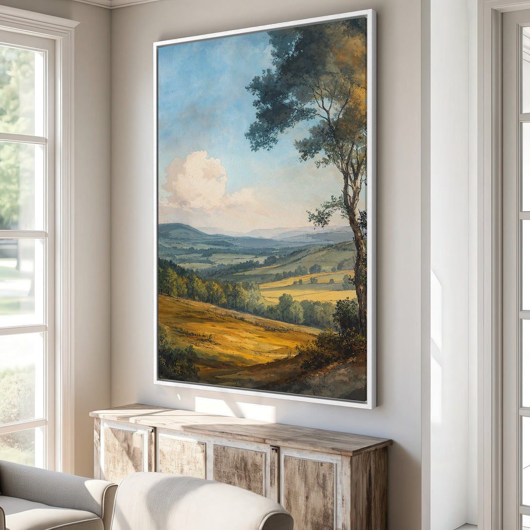 Framed Wall Art: Landscape painting in warm yellow, green, and blue tones. Classic style canvas print adds a touch of nature and elegance to any interior.