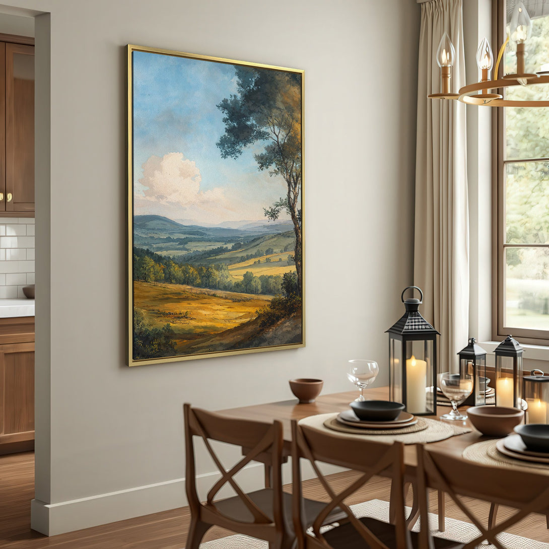 Canvas Print of a serene landscape painting in warm earth tones. Rustic style wall art adds a touch of nature and tranquility to any space.