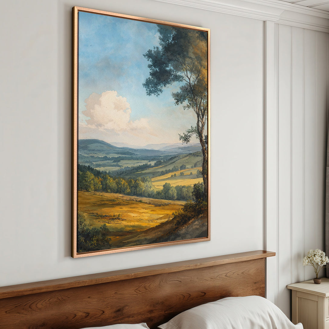 Framed Wall Art: Landscape painting with a warm, earthy palette. Rustic style canvas print featuring rolling hills, trees, and a blue sky. Perfect home decor.