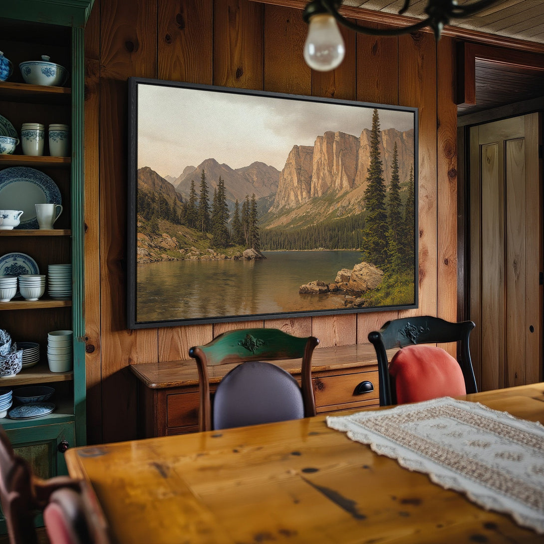 Framed Wall Art: Mountain landscape canvas print in a rustic dining room. Earthy tones and serene lake scene. Elevate your home decor!