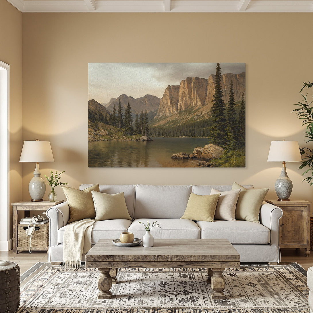Framed Wall Art of a serene mountain lake scene in warm earth tones. Bring nature indoors with this stunning Canvas Print.