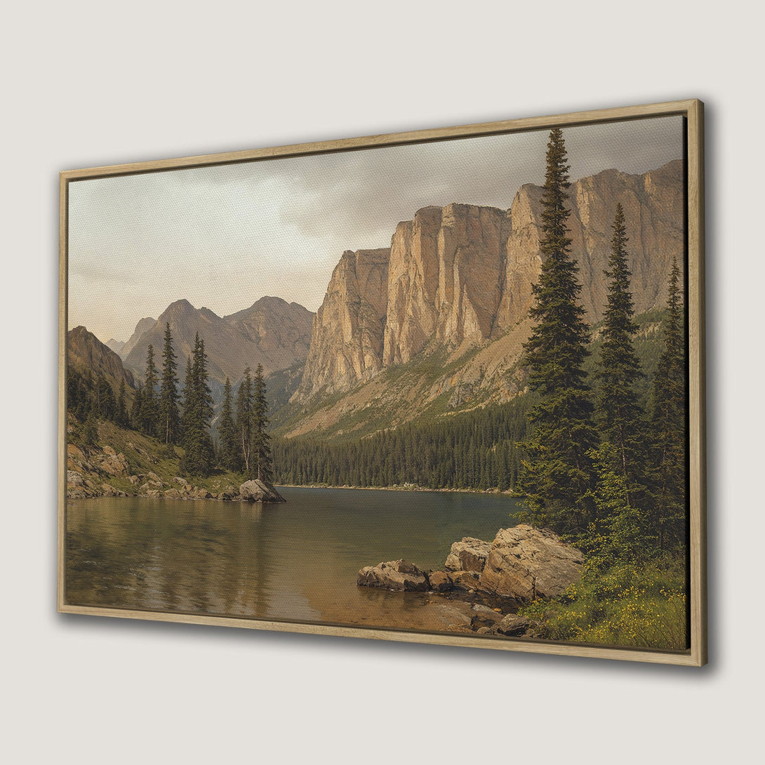 Canvas Print of a serene mountain lake landscape with a neutral color palette. Bring nature's beauty indoors with this stunning wall art.