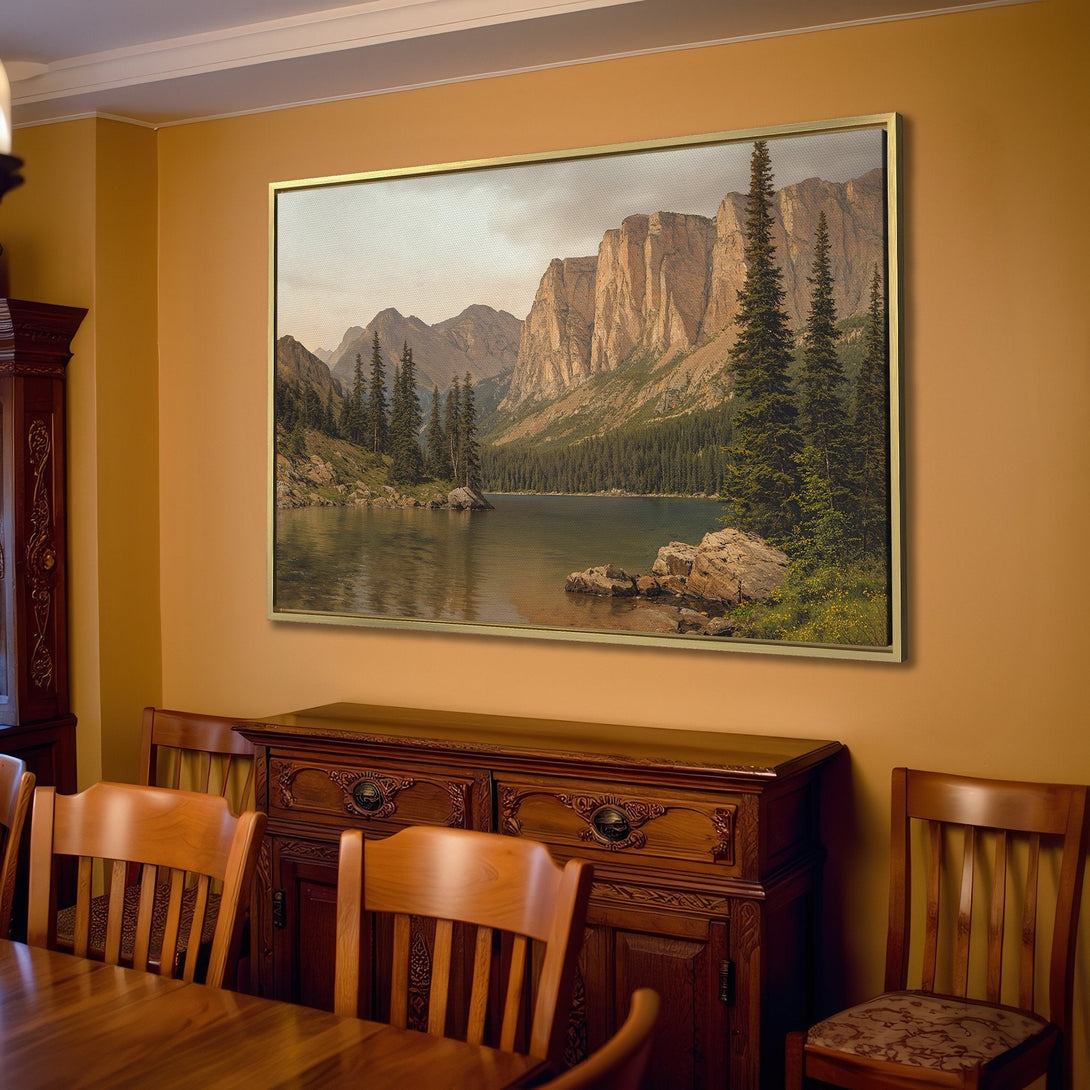 Canvas Print of a serene mountain lake scene in muted earth tones, perfect for rustic home decor.