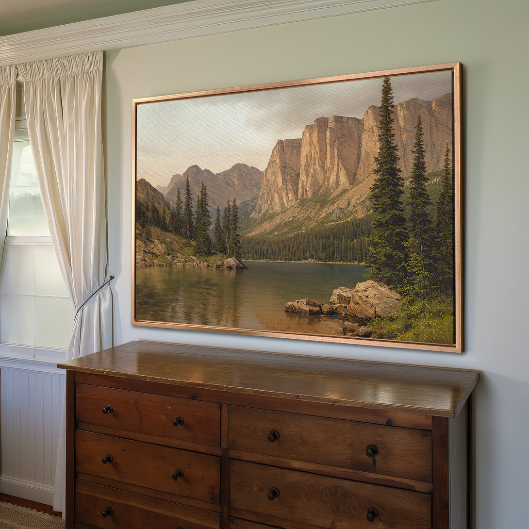 Framed Wall Art featuring a serene mountain lake landscape in a vintage style. Earthy tones and natural beauty for your home decor.