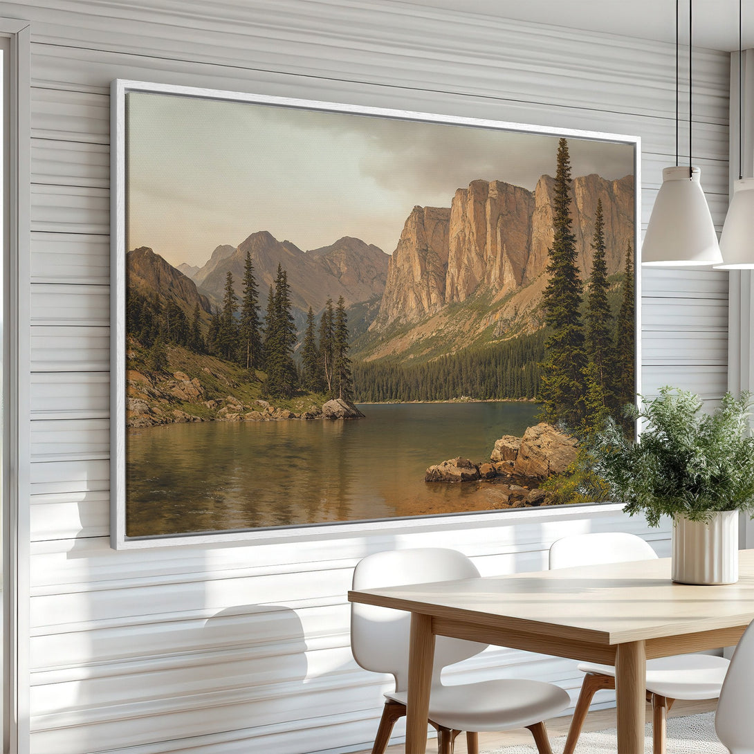 Framed Wall Art Canvas Print of a serene mountain lake landscape in muted earth tones, perfect for adding a touch of nature to your home decor.