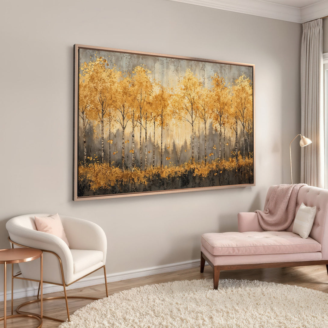 Framed Wall Art: Golden birch tree landscape canvas print in a modern living room. Warm gold, gray, and neutral color palette. Elevate your decor!
