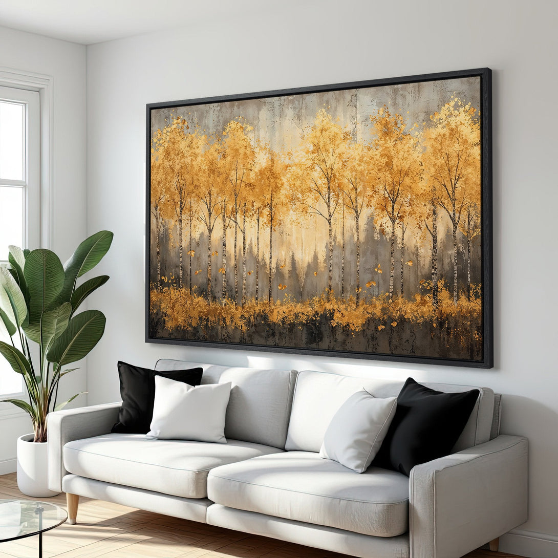 Framed Wall Art featuring a golden autumn forest scene. Modern art with a warm, neutral color palette, perfect for living room decor.