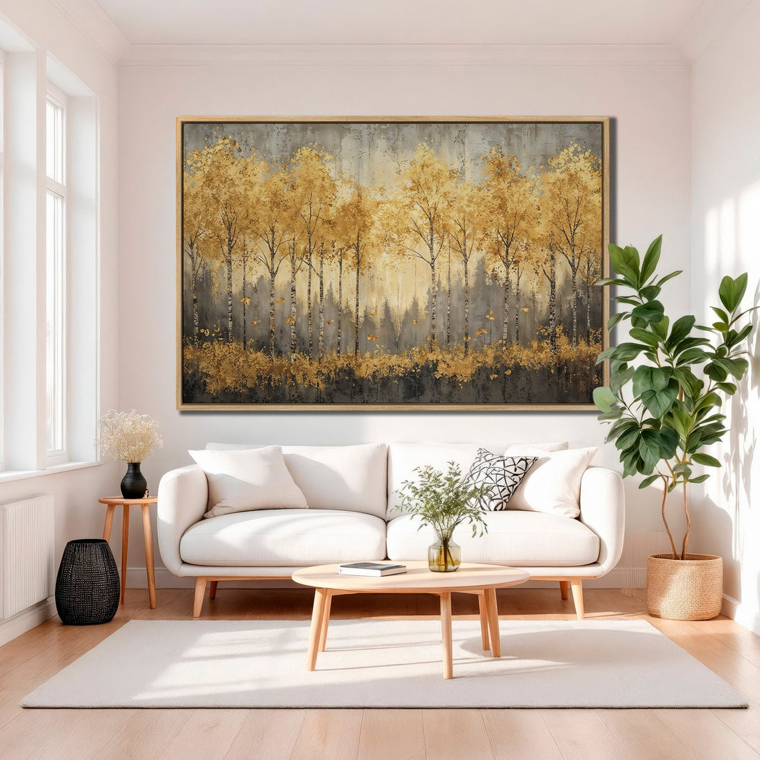 Framed Wall Art: Golden forest landscape canvas print in neutral tones. Modern art perfect for living room decor.