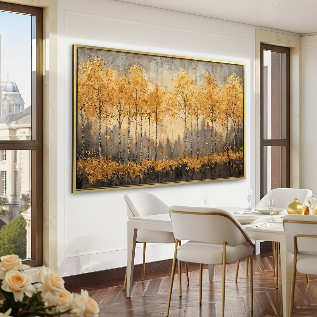 Canvas Print of golden trees in a moody, abstract style. Warm gold and gray tones add a touch of elegance to any space.