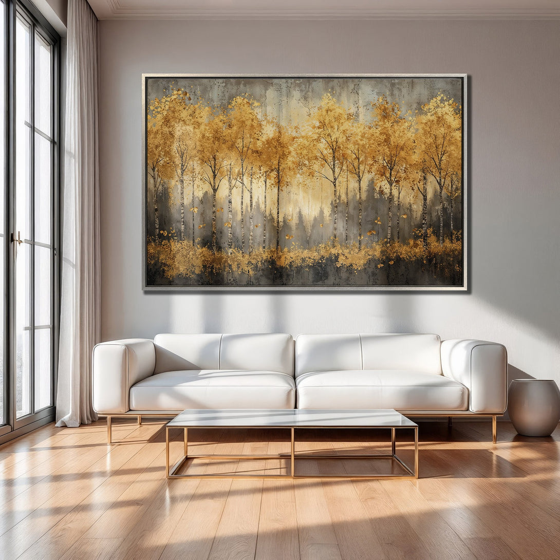 Framed Wall Art: Abstract gold forest scene in a modern living room. Neutral color palette with pops of gold. Elevate your space!