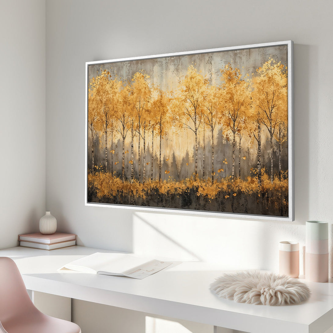 Framed Wall Art: Golden autumn trees in a serene, neutral-toned landscape. Perfect for adding warmth and style to your home decor.