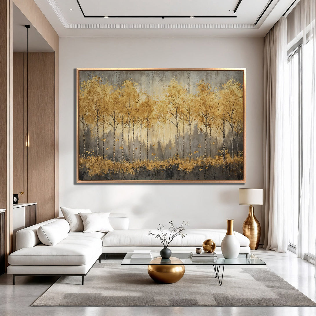 Framed Wall Art: Golden forest landscape canvas print. Modern art with gold, gray, and neutral tones. Perfect for living room decor.