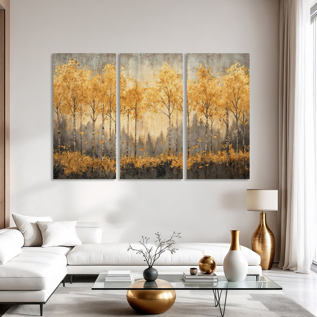 Canvas Print of an abstract forest scene with gold and gray tones, perfect for modern home decor.