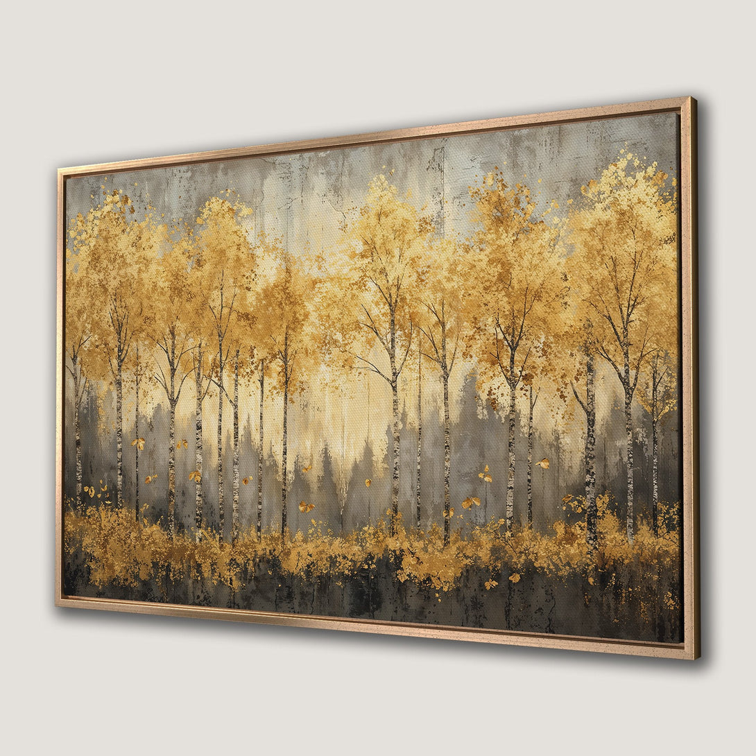 Framed Wall Art: Golden forest painting in a modern style. Features a warm gold and gray color palette, perfect for adding elegance to any space.