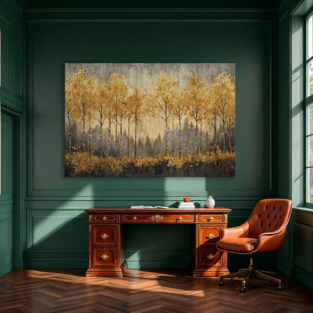 Framed Wall Art: Golden autumn trees canvas print. Modern abstract art with warm gold, gray, and black tones. Perfect for dining room decor.