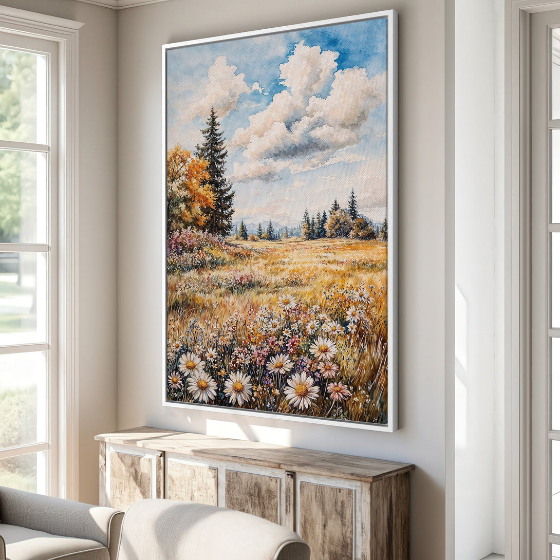 Framed Wall Art: Watercolor landscape Canvas Print with a field of daisies, warm yellow and blue color palette. Perfect for adding a touch of nature.