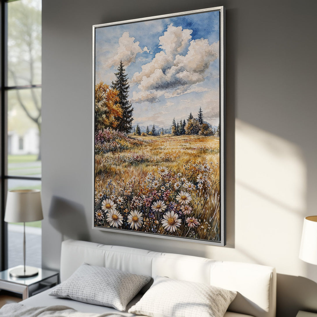 Framed Wall Art: Watercolor landscape Canvas Print featuring a field of wildflowers under a blue sky. Warm, earthy tones and a touch of impressionism.
