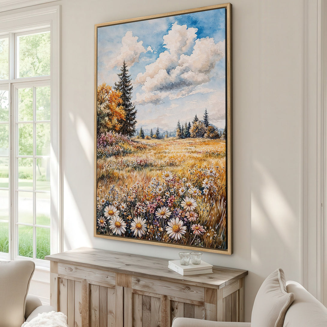 Framed Wall Art featuring a watercolor landscape with a meadow of daisies. Warm, earthy tones and blue sky create a calming, nature-inspired aesthetic.