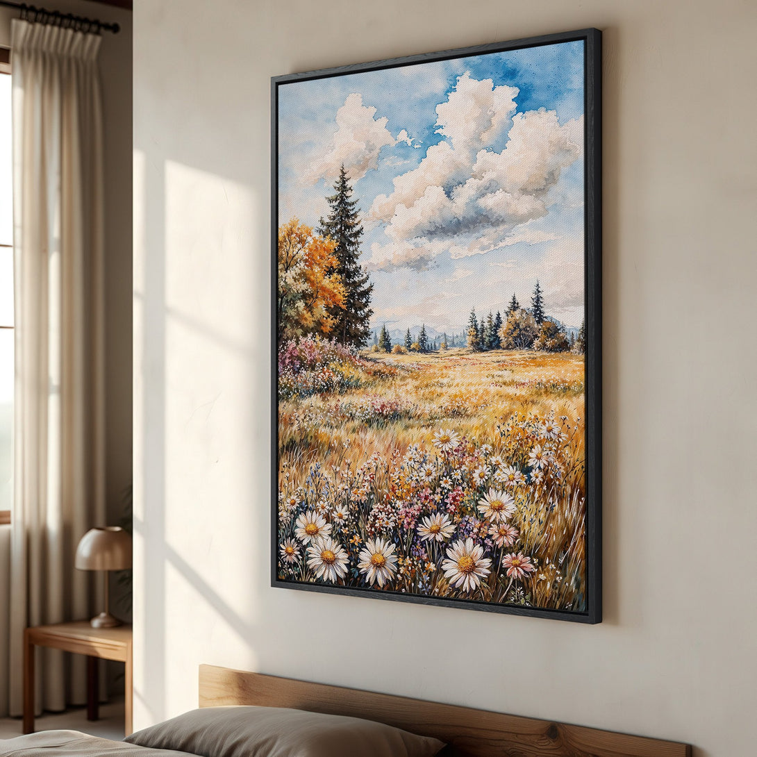 Framed Wall Art: Watercolor landscape Canvas Print featuring a field of wildflowers in warm yellow, blue, and green tones. Perfect for adding a touch of nature.