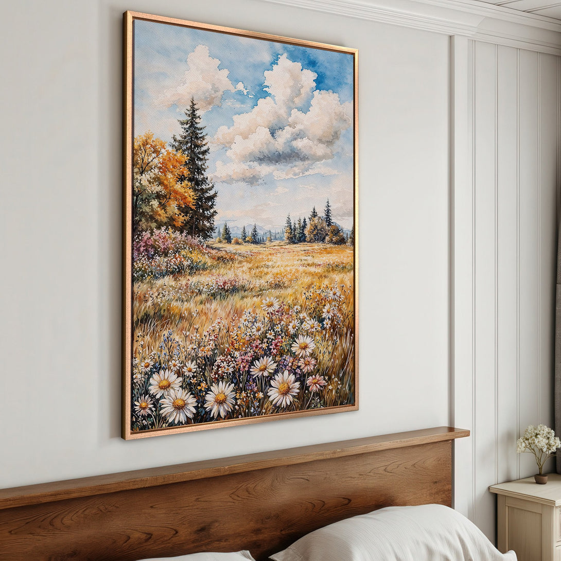 Framed Wall Art: Watercolor landscape Canvas Print with wildflowers, trees, and a warm color palette, perfect for bedroom decor.