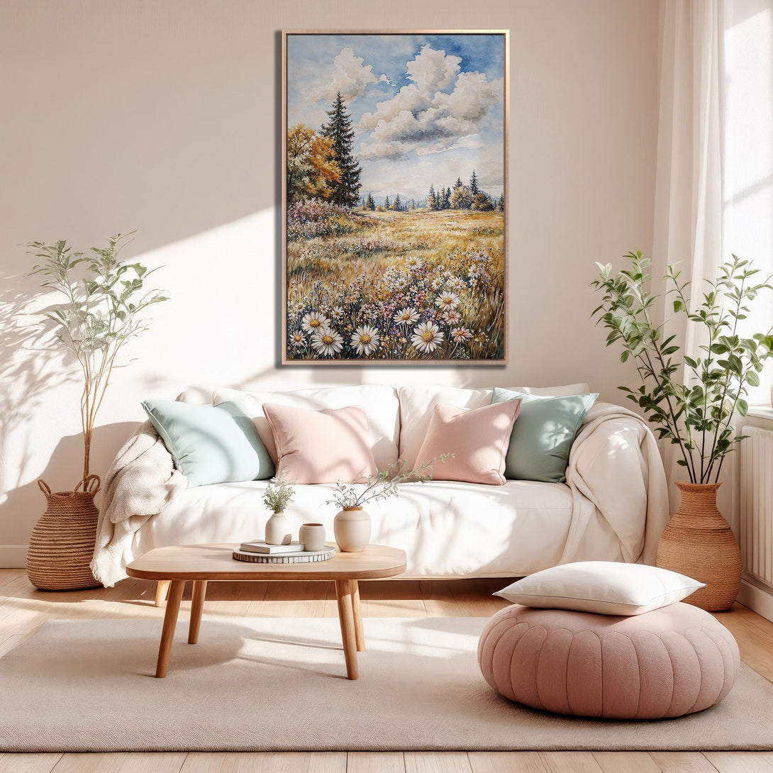Framed Wall Art: Watercolor landscape Canvas Print in warm, natural tones. Perfect for adding a touch of nature to your living room.
