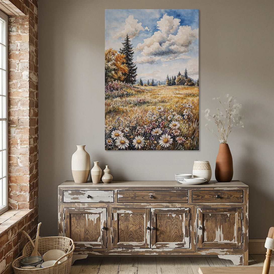 Framed Wall Art: Impressionist landscape Canvas Print with wildflowers & trees, warm color palette. Perfect for dining room decor.