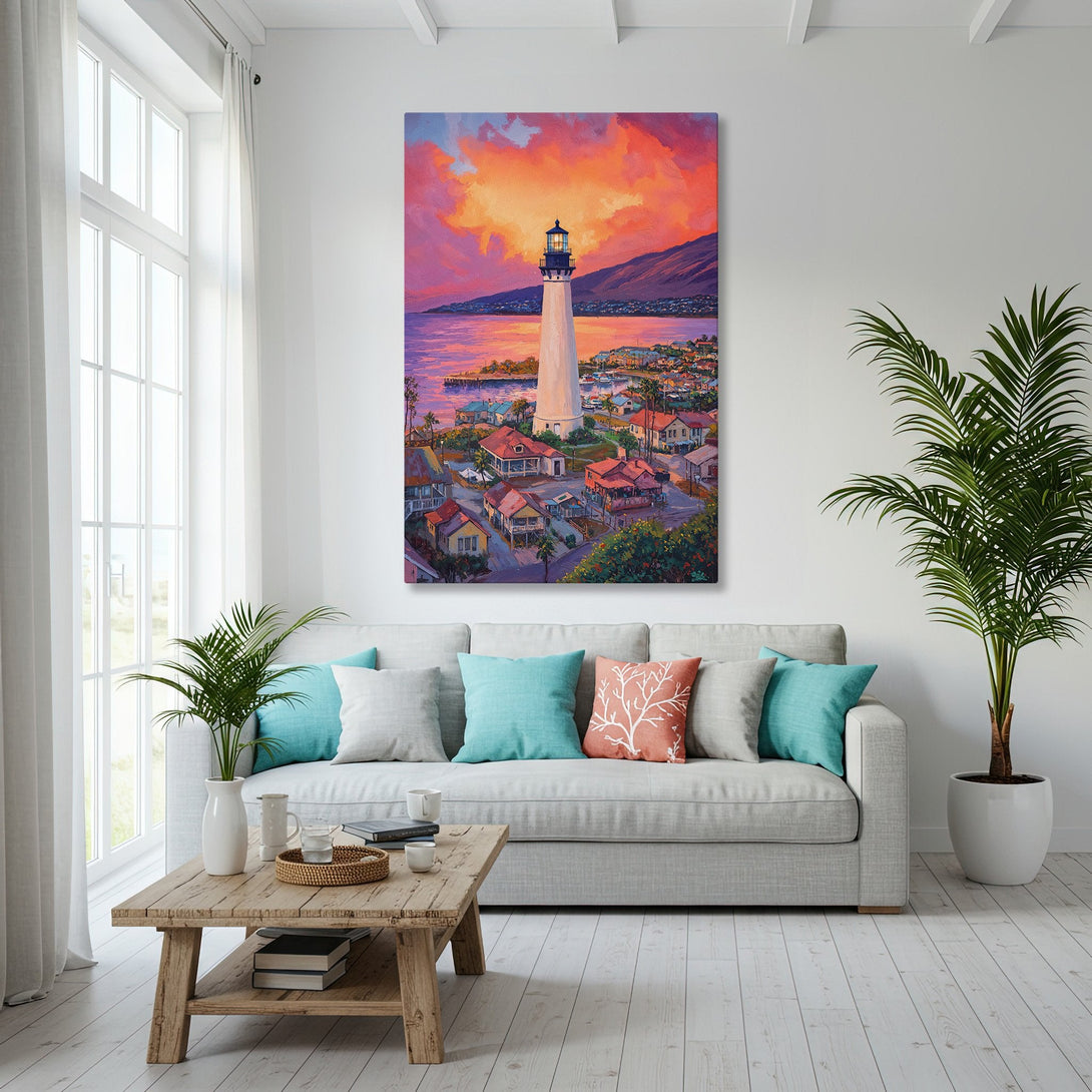 Framed Wall Art: Coastal lighthouse painting in vibrant sunset colors. Perfect for adding a touch of art and style to your living room decor.